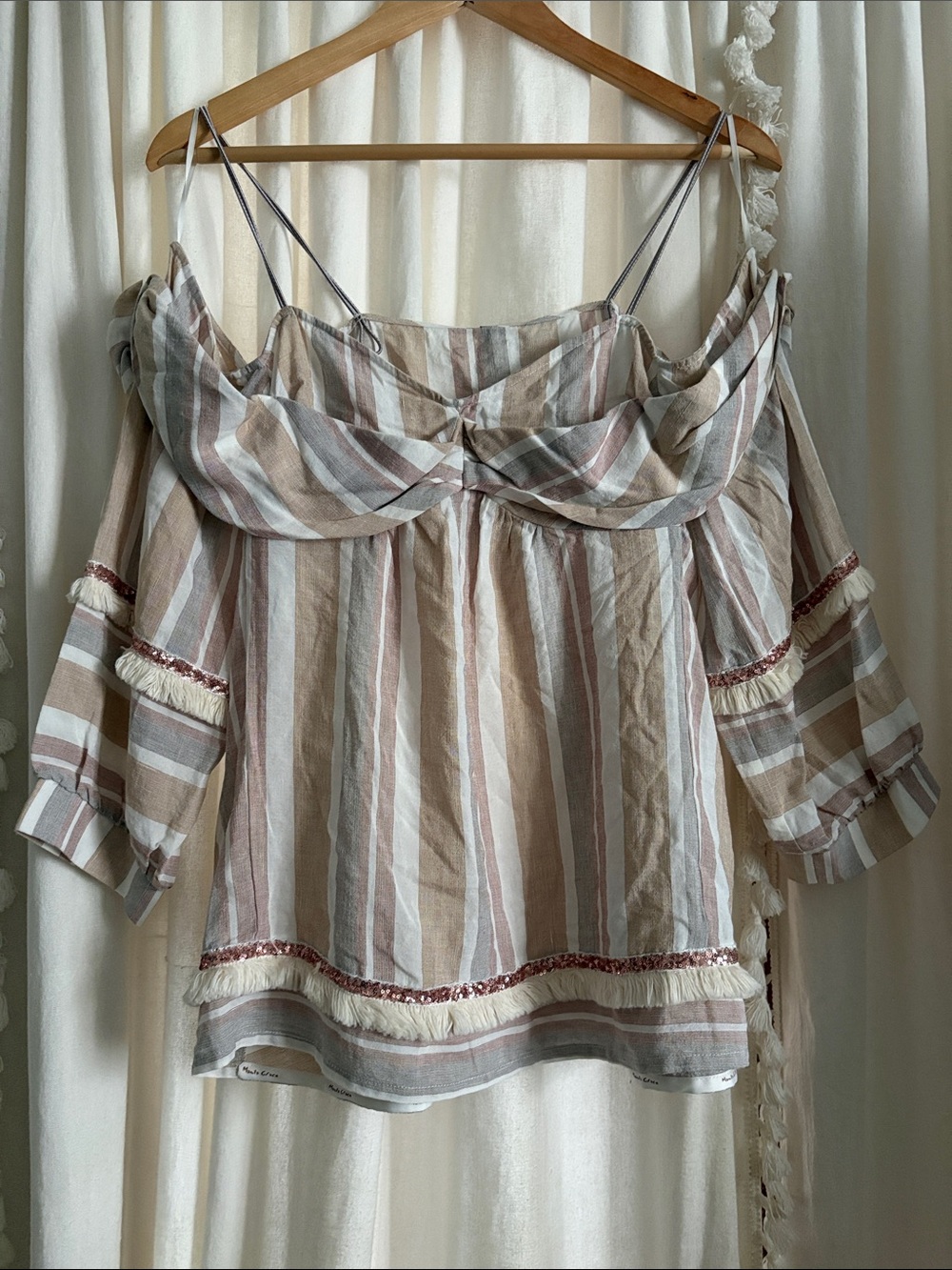 Neutral Stripe Off-Shoulder Blouse with Fringe Trim